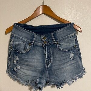 Women's Distressed High-Rise Denim Shorts - Faded Blue